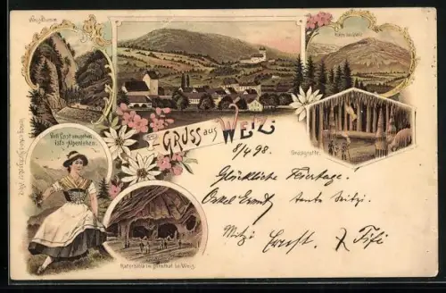 Lithographie Weiz, Katerhöhle im Dirnthal, Graslgrotte, Ortsansicht