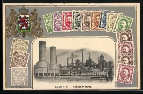 AK Esch s. A., Aachener Hütte, Bergbau, Briefmarken