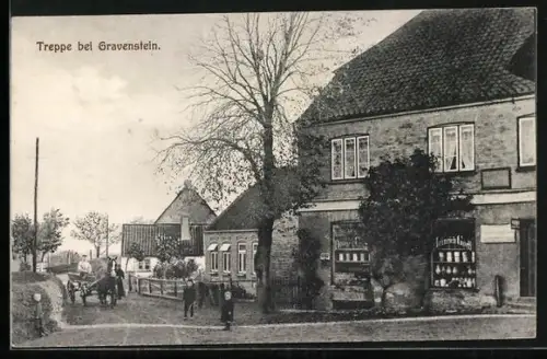 AK Treppe b. Gravenstein, Geschäft, Pferdekarren, Strassenpartie