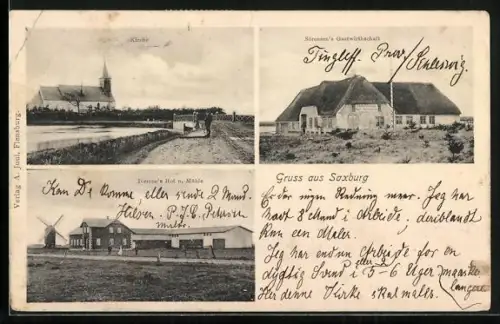 AK Saxburg, Sörensens Gastwirtschaft, Iversens Hof und Mühle, Kirche