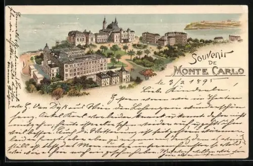 Lithographie Monte Carlo, Blick über das Schloss