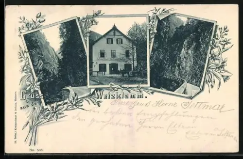 AK Weizklamm, Johann Ebner`s Gasthaus zum Felsenkeller, Ansicht der Klamm
