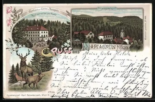 Lithographie Graz, Mariagrün, Restaurant und Cafe, Blick über den Ort