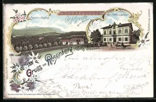 Lithographie Rosenberg i. Graz, Gast- und Cafehaus zur Rose, Schöckel vom Rosenberg