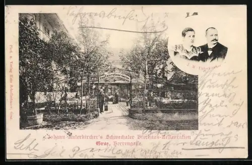 AK Graz, Herrengasse, Johann Unterkircher`s Schwechater Restaurant, Portrait des Ehepaars Unterkircher