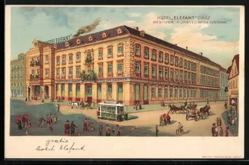Lithographie Graz, Hotel zum Elefanten, Bes. F. Jautz u. W. Nowak, Strassenbahn, Pferdekutsche