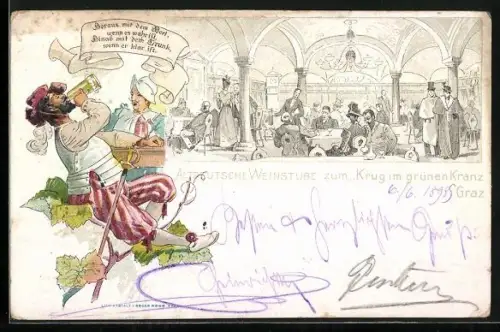 Lithographie Graz, Restaurant Altdeutsche Weinstube zum Krug im grünen Kranz, Innenansicht des Speisesaals