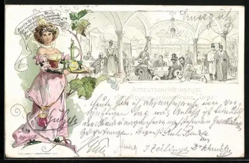 Lithographie Graz, Restaurant Altdeutsche Weinstube zum Krug im grünen Kranz, Frau mit Tablett und Weinkaraffe