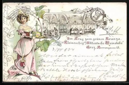 Lithographie Graz, Kleinoscheg`s Restaurant Altdeutsche Weinstube Im Krug zum grünen Kranze, Herrengasse 13