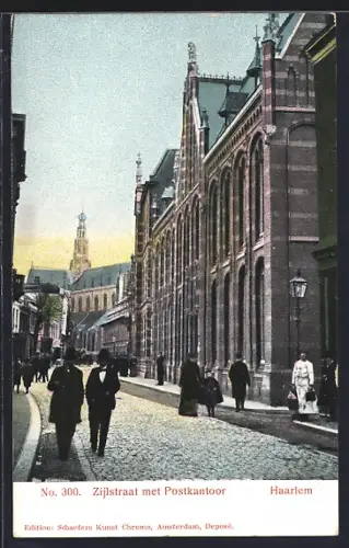 Lithographie Haarlem, Zijlstraat met Postkantoor