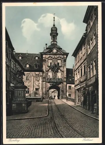 AK Bamberg, Partie am Rathaus, Strassenbahngleise