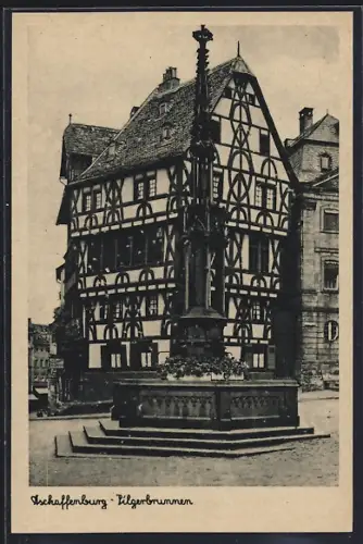 AK Aschaffenburg, Pilgerbrunnen und Fachwerkhaus