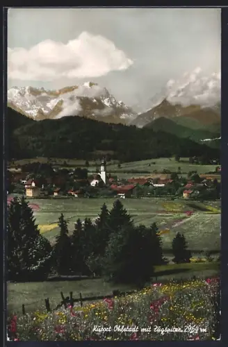 AK Ohlstadt, Ortsansicht vom Berghaug aus mit Zugspitze