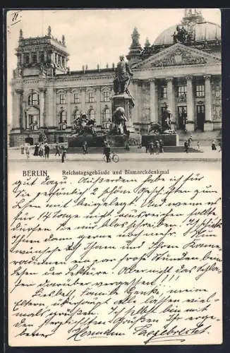 AK Berlin, Reichstagsgebäude und Bismarckdenkmal