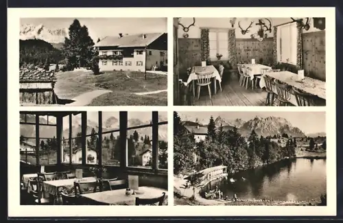 AK Krün, Gasthof Almwirtschaft zum Bad, Gastraum, Terrasse, See mit Gebirgspanorama