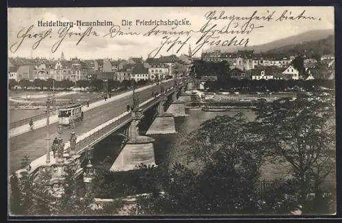 AK Heidelberg-Neuenheim, Friedrichsbrücke, Strassenbahn, Neckarufer