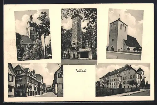 AK Fellbach, Kirche, Aussichtsturm, Strassenpartie