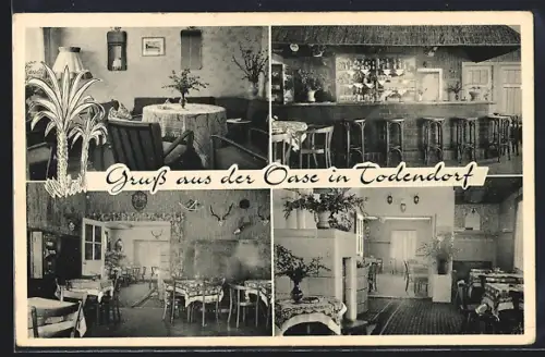 AK Todendorf bei Lütjenburg, Gasthaus Zur Oase, Innenansichten, Bar, Speiseraum