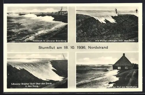 AK Nordstrand, Sturmflut 1936, Deich, Nordhafen, schwere Brandung