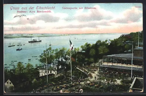 AK Hamburg-Othmarschen, Gartenpartie mit Elbstrom, Restaurant von Alex Breckwoldt