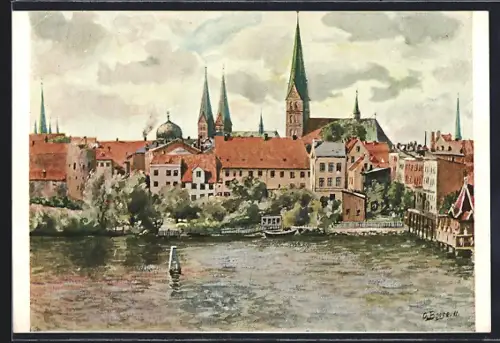 Künstler-AK Lübeck, Blick vom Wall auf Krähenteich, Aegidienkirche, Kuppel der Synagoge