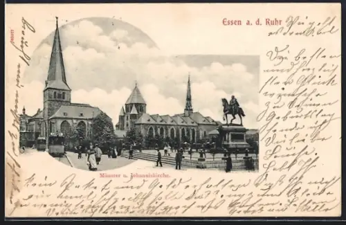 AK Essen a. d. Ruhr, Münster, Johanniskirche, Reiterstandbild