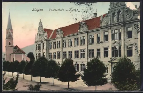 AK Singen / Hohentwiel, Volksschule, Kirche