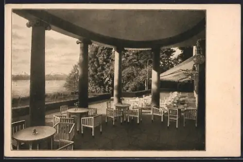 AK Friedrichshafen am Bodensee, Kurgarten-Hotel, Terrasse mit Blick auf See und Alpen