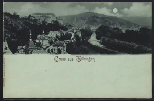 Mondschein-AK Tübingen, Stadtansicht mit Schloss und Umgebung