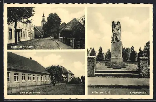 AK Alfhausen i. H., Dorfstrasse mit Kirche, Schule, Kriegerdenkmal