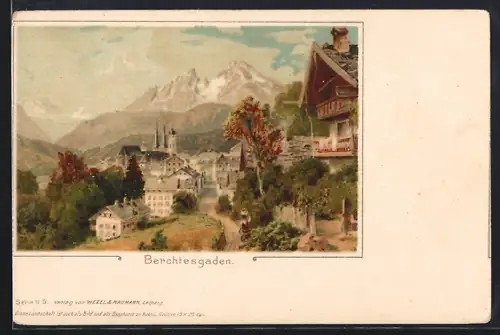 Lithographie Berchtesgaden, Ortsansicht, Berge, Häuser