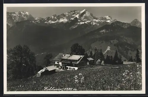 AK Eckbauer, Gasthaus mit Blick auf Hoch-Wanner, Hoher-Gaif und Alpspitze