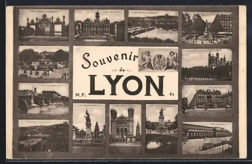 AK Lyon, Collage de monuments et paysages emblématiques de la ville