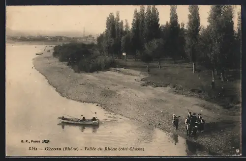 AK Givors /Rhône, Vallée du Rhône, côté Chasse, vue du fleuve avec barque et promeneurs