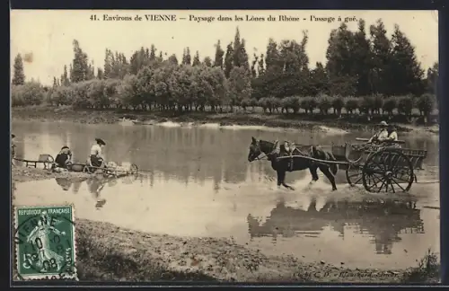 AK Vienne, Paysage dans les îles du Rhône, Passage à gué