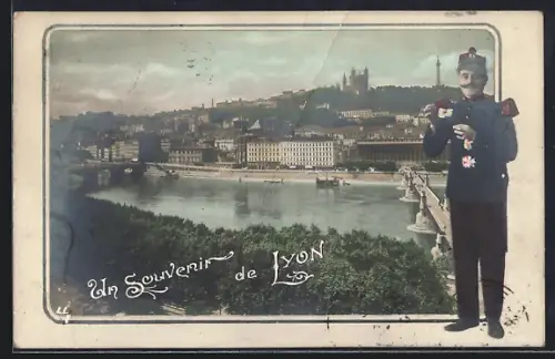 AK Lyon, Vue de la Saône avec un soldat en uniforme