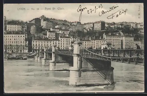 AK Lyon, Pont St. Clair avec vue sur les bâtiments en arrière-plan
