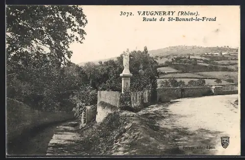 AK Vaugneray /Rhône, Route de St-Bonnet-le-Froid avec statue et paysage vallonné