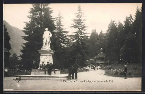 AK Luchon, Statue d`Étigny et Buvette du Pré