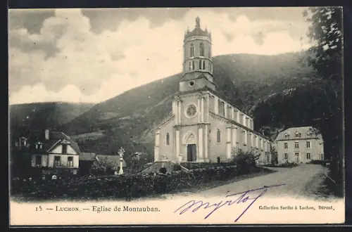AK Luchon, Église de Montauban avec paysage montagneux en arrière-plan