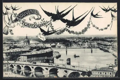 AK Toulouse, Souvenir de Toulouse avec vue sur la rivière et les ponts ornée d`hirondelles