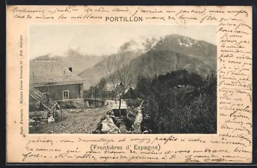 AK Portillon, Frontières d`Espagne avec vue sur maison et montagnes enneigées
