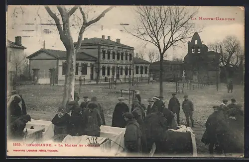 AK Gragnague /Haute-Garonne, La Mairie et l`Église avec des passants en hiver
