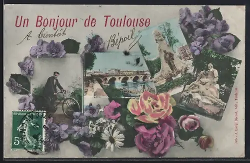 AK Toulouse, Un Bonjour de Toulouse avec fleurs et scènes locales
