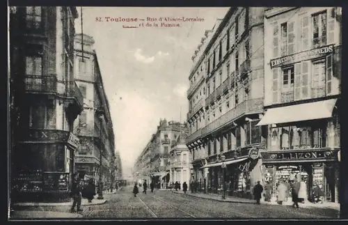 AK Toulouse, Rue d`Alsace-Lorraine et de la Pomme avec boutiques et passants
