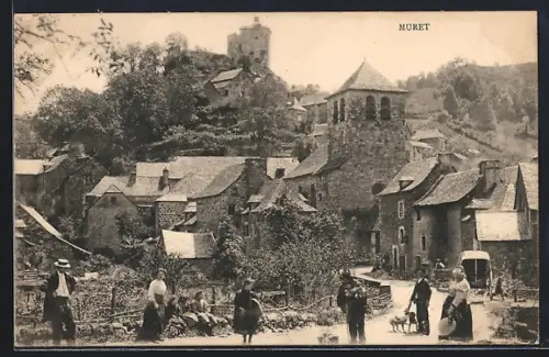 AK Muret, Vue du village avec église et habitants dans la rue