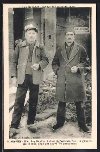 AK Reynies, MM. Rey Gaston et Poidevin Paul, héros des inondations du Midi 1930, sauveteurs de 76 personnes