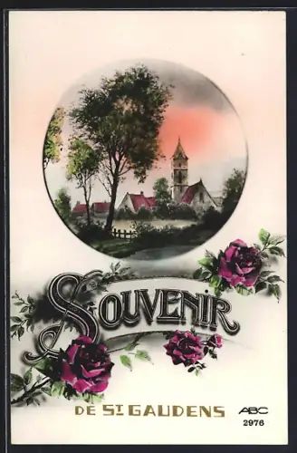 AK Saint-Gaudens, Souvenir avec vue de l`église et paysage environnant