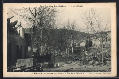 AK Villemur, Boulevard de Biffinc et Rue de la Boucherie après les inondations de 1930