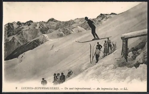 AK Luchon-Superbagnères, Un saut impressionnant sur les pistes enneigées des Pyrénées